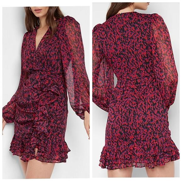 Express Abstract Print Faux Wrap Ruffle Mini Dress Small Red Black Purple - Picture 1 of 16